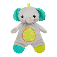 Elephant plush teether with teal ears and textured teal feet, yellow belly patch