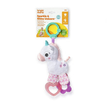 Sparkle unicorn clip-on plush toy with teal handle and pink heart pull charm