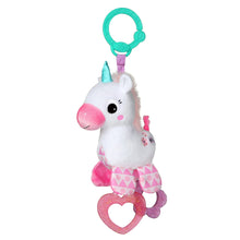 White unicorn plush clip-on toy with teal ring handle, pink snout and heart-shaped feet