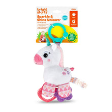 White plush unicorn clip-on toy with teal handle, pink snout, flower charm on chest