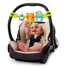 Car seat baby activity toy bar with orange fox, white rattle, teal book, and green clips