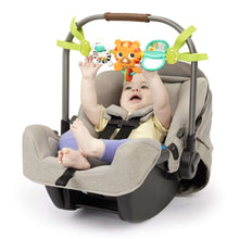 Stroller baby activity toy bar with orange fox, white rattle, teal book and green clips