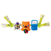 Baby activity toy bar with orange cat, teal book, white rattle and green attachment clips