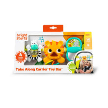 Boxed take-along carrier toy bar with animal characters, teal toy and green straps