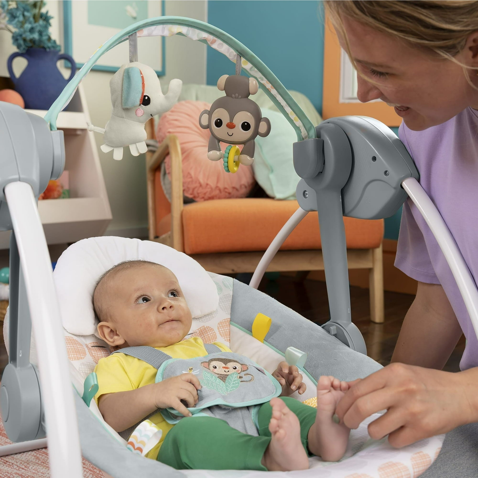 Bright Starts Whimsical Wild Portable Compact Baby Swing with Taggies, Unisex, Newborn and up