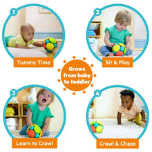 Activity ball toy with green and yellow segments for crawling and chasing