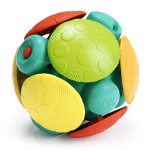 Green and yellow wobble activity ball toy with teal flippers
