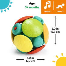 Green and yellow wobble activity ball toy with teal and orange accents