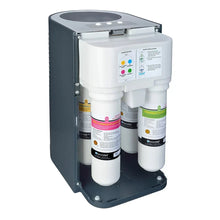 Under-counter water filtration system with four replaceable cartridge filters