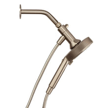Handheld shower head with wall docking base, curved handle and flexible hose