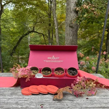 Loose leaf tea giftbox with four small tins and tea-filled lids, open on table