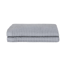 Gray waffle bath towel set, two folded towels with textured looped weave