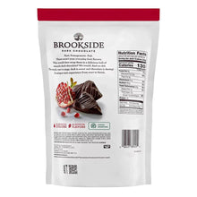 Back of dark chocolate pomegranate pouch with nutrition panel and barcode