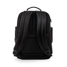 Black backpack with padded shoulder straps and breathable mesh back panel