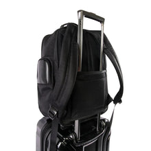 Black laptop backpack with rear luggage strap and top carry handle