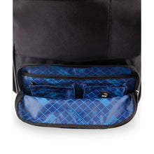 Black backpack with blue patterned sleeve and inner zip storage