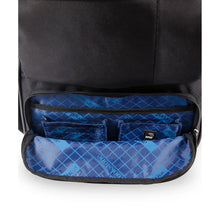 Black laptop backpack interior with blue padded compartments and small zip pouch