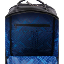 Black laptop backpack open to blue-lined front organizer pocket