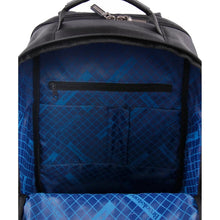 Black laptop backpack front with blue inner lining and zippered organizer panel