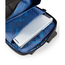 Black laptop backpack open view with blue padded laptop sleeve and silver zipper
