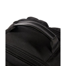 Black textured laptop backpack with front zip pocket and padded shoulder straps