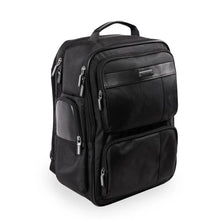 Black laptop backpack front with dual zip compartments and top carrying handle