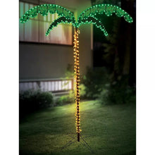 LED palm tree decoration with green illuminated fronds and gold lighted stand