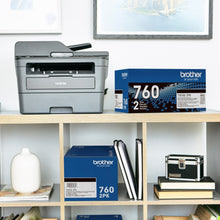Brother TN760 black toner cartridges, 2-pack box with printer on shelf