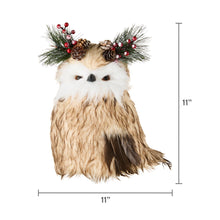 Plush owl tree topper, about 11 in tall, white face with pine and red berries
