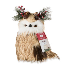Brown plush owl tree topper with white face and red berry pine wreath