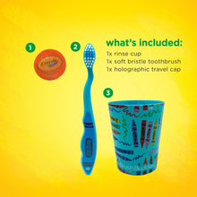 Toddler soft bristle toothbrush with blue handle and patterned rinse cup