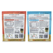 Brutus bone broth dog food powder pouches, back labels with nutrition and feeding info