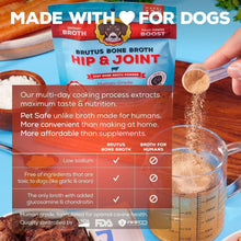 Hip & joint dog bone broth powder pouch showing benefits and low-sodium icons
