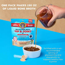 Hip & joint dog bone broth powder pouch with scooping and pouring into a bowl