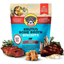Beef bone broth dog biscuits pouch with bone-shaped crackers in front