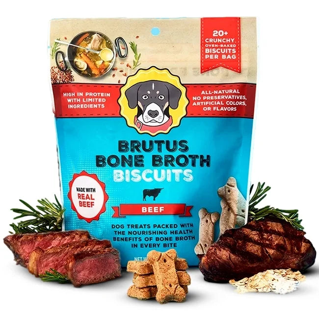 Brutus Bone Broth Biscuits (Beef) - Healthy Dog Treats - Pet Food Topper- Natural Dog Biscuits with Dog Bone Broth and Real Beef for Healthy Joints - 18 Grams of Protein - 8 OZ