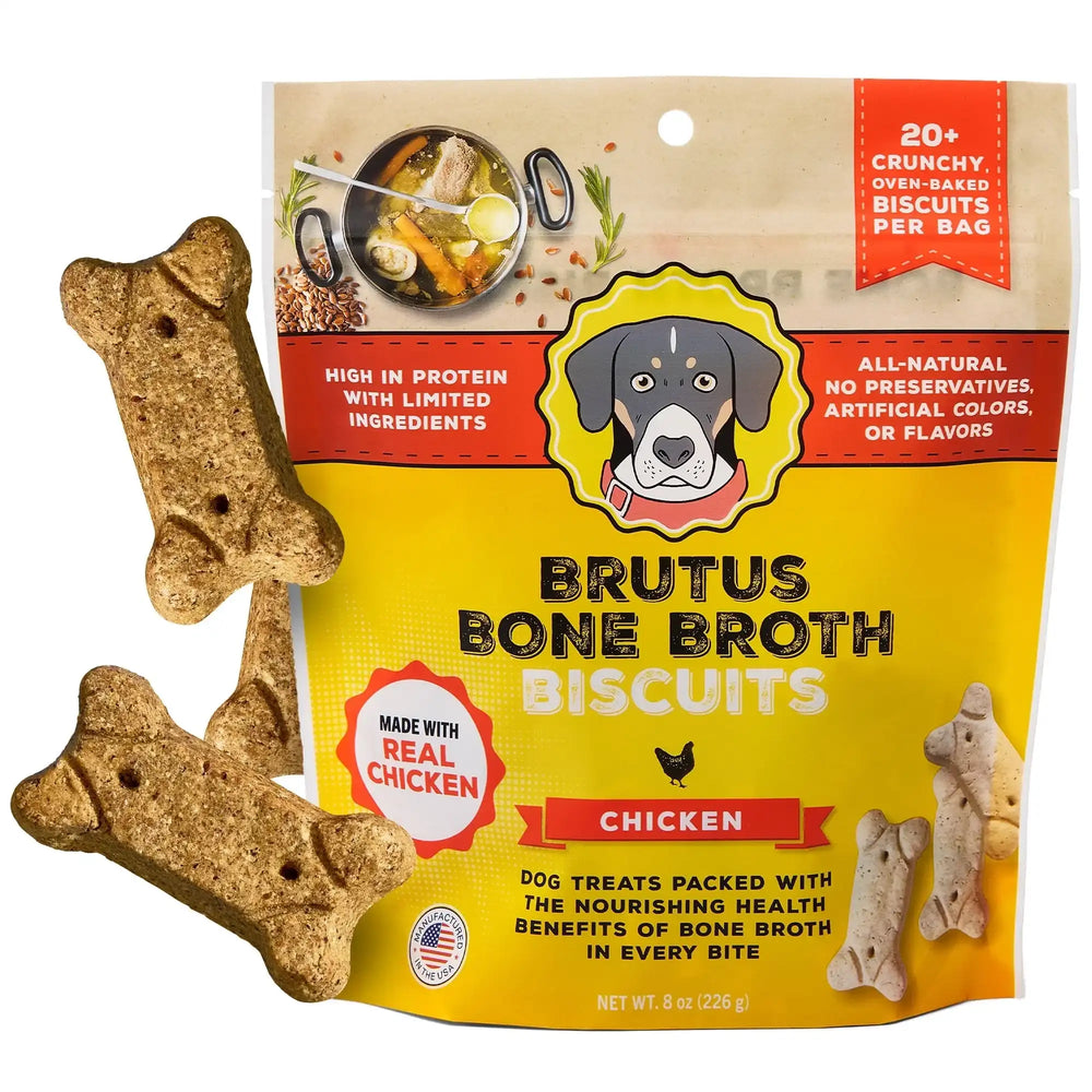 Brutus Bone Broth Biscuits (Chicken) - Healthy Dog Treats -Pet Food Topper - Natural Dog Biscuits with Dog Bone Broth and Real Chicken Meat - 18 Grams of Protein - 8 OZ