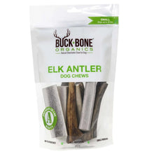 Elk antler dog chew sticks in a small resealable bag