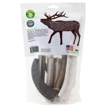 Elk antler dog chew sticks in a resealable bag, back label view