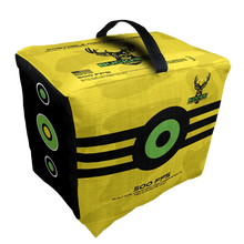 Yellow and black portable archery discharge target cube with handle and green target circles