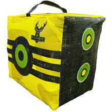 Yellow and black portable archery discharge target cube with handle, green circles and stripes