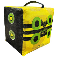 Yellow and black portable archery discharge target cube with carry handle and green target rings