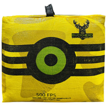 Yellow portable archery discharge target cube close-up of green bullseye and stripes