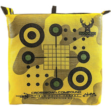 Yellow crossbow compound archery target bag front with crosshair grid and bullseye targets