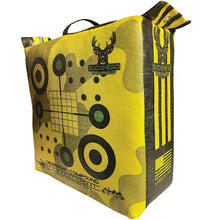Yellow crossbow compound archery target bag with camo crosshair graphic and carrying handle