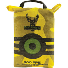 Yellow camo portable target pouch front, deer logo and “500 FPS” text