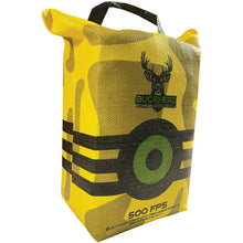 Yellow camo portable target pouch with handle, deer logo and “500 FPS”