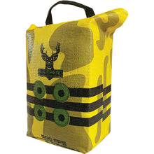 Yellow camo portable target pouch with handle, black stripes and deer logo