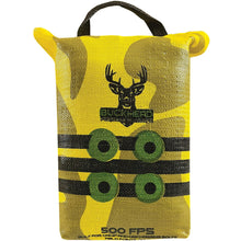 Yellow camo portable target pouch with handle, deer graphic over green target circles