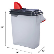 Pellet storage dispenser with red top spout and black-lidded base.